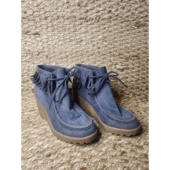 Rocket Dog Wedge Booties Blue Suede Moccasin Fringe Women's 8 - Picture 4 of 12